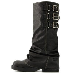 Fold Over Knee High Boots Slouch Boots for Women Chunky Goth Platform Boots,2 inch Heel Wide Calf Long Boots Square Toe Riding