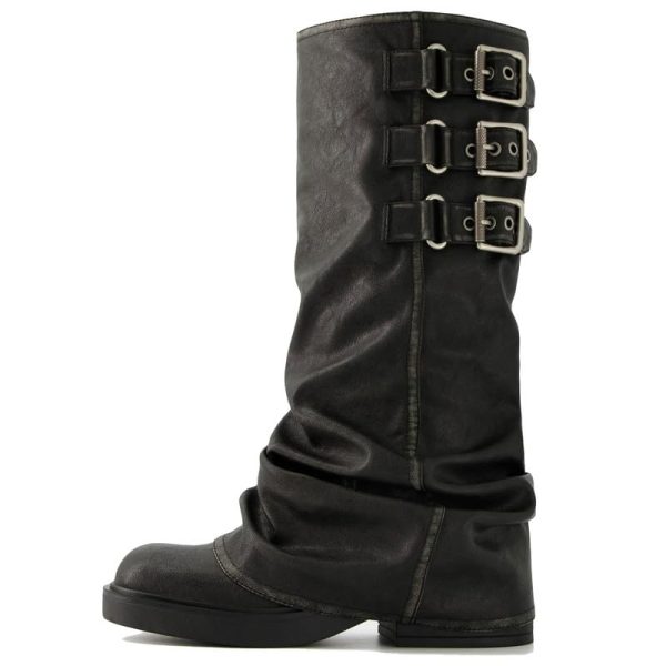 Fold Over Knee High Boots Slouch Boots for Women Chunky Goth Platform Boots,2 inch Heel Wide Calf Long Boots Square Toe Riding