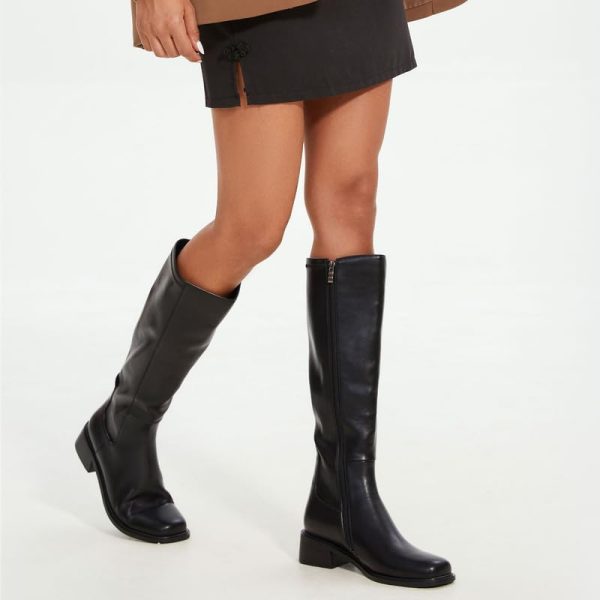 Knee High Boots Women Faux Leather Elastic Boots Low Heel Square Toe Side Zipper Fall Long Tall Boots for Women