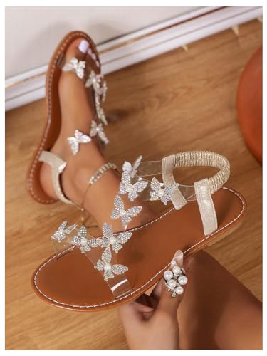 Women's Elegant Rhinestone Butterfly Transparent Elastic Strap Summer Flat Sandals