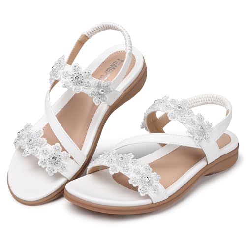 Sandals for Women Flat Dressy: Summer Flower Sandals with Ankle Strap Comfortable Casual Walking Flat Sandals Size 5-11