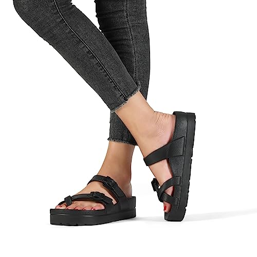 Womens Arch Support Platform Sandals Comfort Slides Thick Soles Flat Sandals With Adjustable Buckle & Ultra Cushion