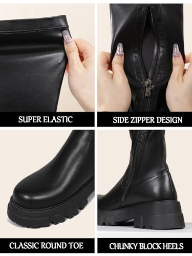 Black Thigh High Boots For Women Platform Over The Knee High Boots Lug Sole Comfortable Stretch Boots 6-11