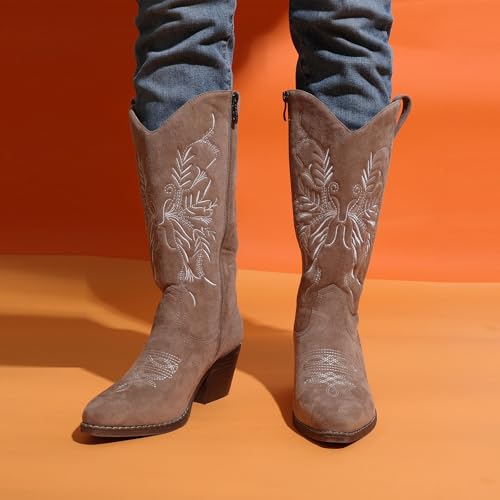 Cowboy Boots for Women Classic Embroidered Pointy Toe Cowgirl Boot, Western Mid Calf Side Zipper Chunky Heel Cowgirl Boots