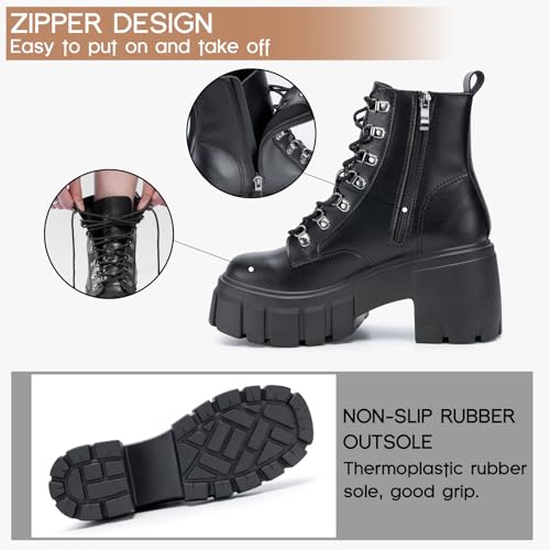 Women’s Combat Boots Lightweight Lace up Side Zipper Ankle Botas High Heel Chunky Platform Lug Sole Booties Size 6-11