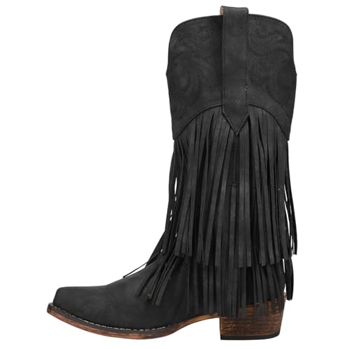 Womens Rickrack Snip Toe Casual Boots Mid Calf Low Heel 1-2" - Black