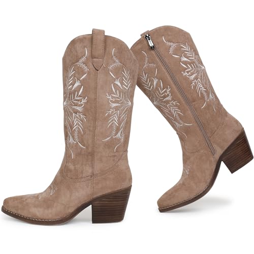 Cowboy Boots for Women Classic Embroidered Pointy Toe Cowgirl Boot, Western Mid Calf Side Zipper Chunky Heel Cowgirl Boots