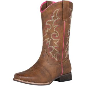 Women's Cowboy Boots Square Toe Western Cowgirl Mid Wide Calf Embroidered Boots Brown