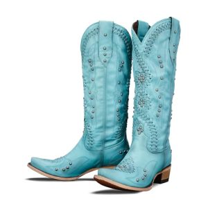 Cowboy Boots for Women, Knee High Western Cowgirl Boots Pointed Toe Chunky Heel Pull on Zipper Fashion Vintage Tall Shoes