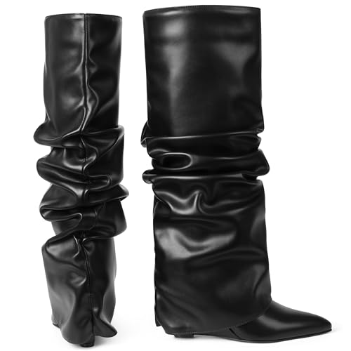 Women's Fold Over Boots Slouch Knee High Boots for Women Wedge Heel Pointed Toe Tall Boot, Wide Calf, Pull-on
