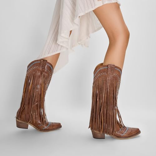 Fringe Cowboy Boots for Women Wide Calf Embroidered Tassal Cowgirl Boot Knee High Snip Toe Pull On Western Shoes
