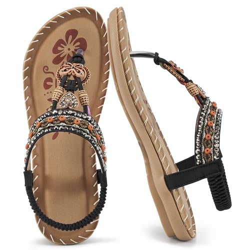 Sandals Women Dressy Flats: Bohemian Flat Sandals for Women Comfortable Summer Casual Flip Flops Elastic Ankle Strap