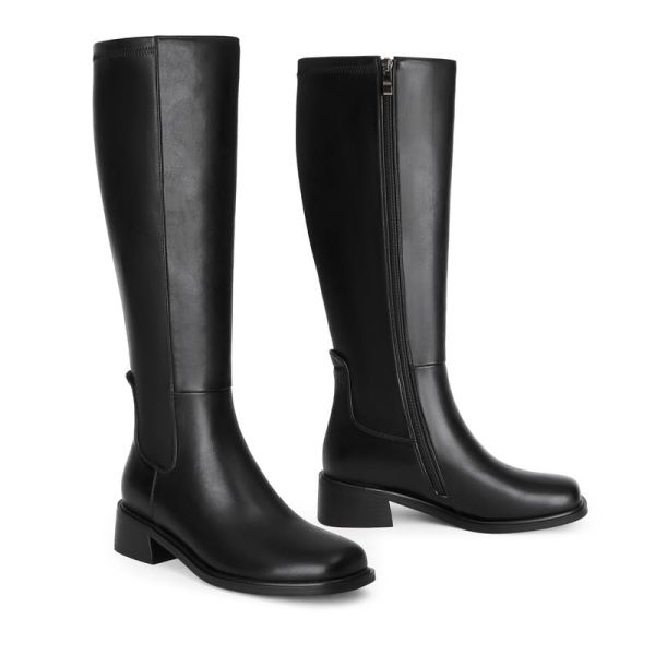 Knee High Boots Women Faux Leather Elastic Boots Low Heel Square Toe Side Zipper Fall Long Tall Boots for Women