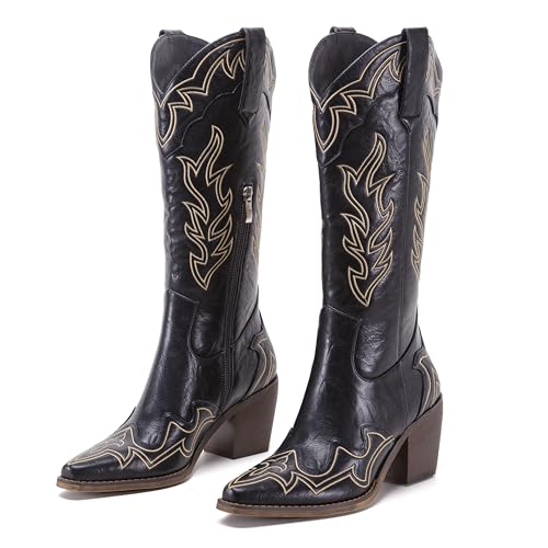 Womens Wide Calf Cowboy Boots Classic Western-Style Cowboys Boots for Women Pointed Toe Womens Cowgirl Boots with Chunky Heel