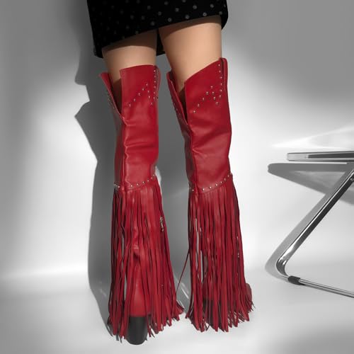 Fringe Thigh High Boots with Tassels Western Cowboy Boots Zip Up Wide Calf Sock Booties