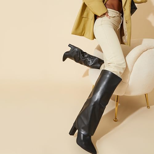 Knee High Boots Women Fold Over Knee High Boots Chunky High Heels Long Boots Zipper Pointed Toe Dress Tall Boots for Women