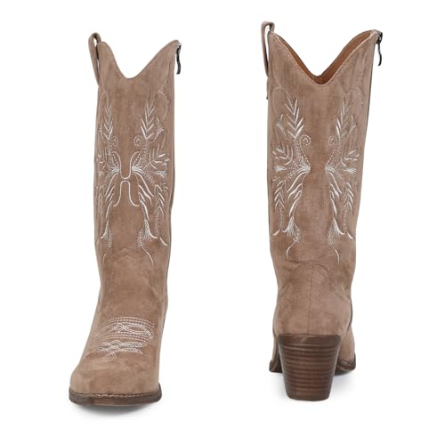 Cowboy Boots for Women Classic Embroidered Pointy Toe Cowgirl Boot, Western Mid Calf Side Zipper Chunky Heel Cowgirl Boots