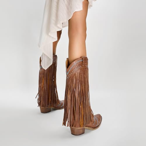Fringe Cowboy Boots for Women Wide Calf Embroidered Tassal Cowgirl Boot Knee High Snip Toe Pull On Western Shoes