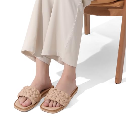 Women's Square Open Toe Slide Sandals Cute Slip on Braided Slides Flat Sandals for Summer