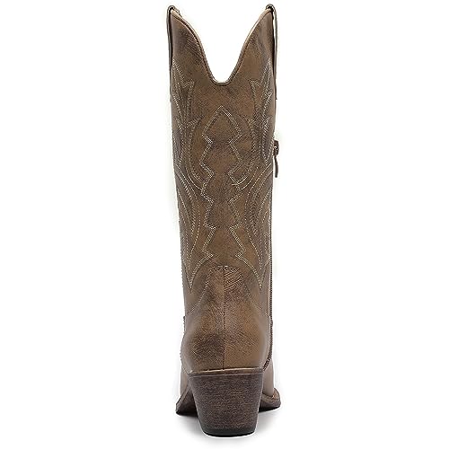 Women's Mid Calf Western Cowboy Boots Cowgirl Boots for Women with Floral Embroidery Side Zipper Chunky Heel