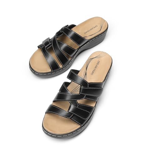 Women's Arch Support Slide Sandals Adjustable Straps Slip On Wedge Sandals Casual Comfort Lightweight Flat Slides