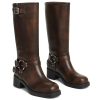 Knee High Boots Women Square Toe Pull On Wide Calf Riding Fashion Buckles Chunky Metallic Casual Vintage Buckle Rivet