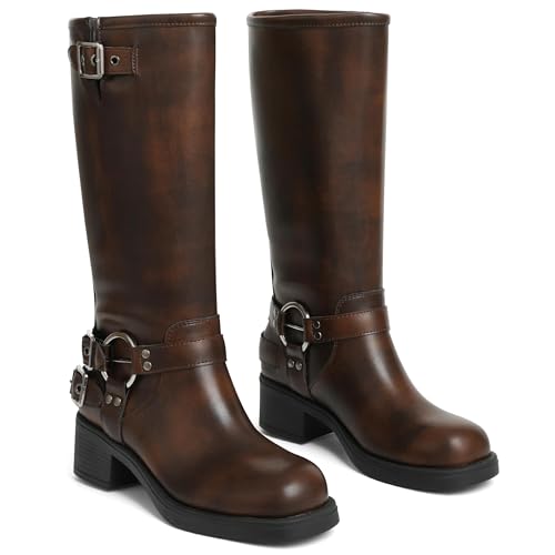 Knee High Boots Women Square Toe Pull On Wide Calf Riding Fashion Buckles Chunky Metallic Casual Vintage Buckle Rivet