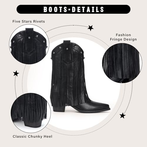 Fringe Cowboy Boots for Women – Mid Calf Cowgirl Boots with Star Studded, Pointed Toe and Chunky Heel, Perfect for Country Music