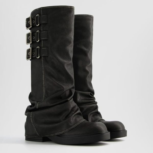 Fold Over Knee High Boots Slouch Boots for Women Chunky Goth Platform Boots,2 inch Heel Wide Calf Long Boots Square Toe Riding