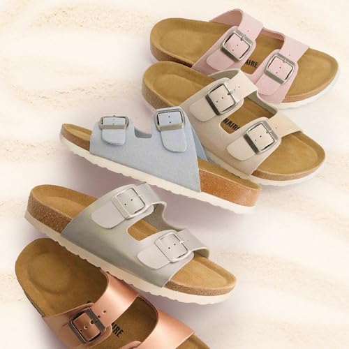 Lane Cork Footbed Sandals for Women – Comfortable Double Buckle Slip-On with Genuine Suede Footbed & Arch Support Slides for