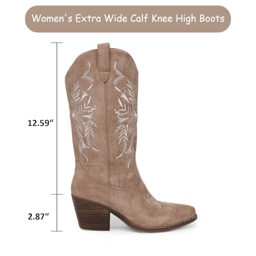 Cowboy Boots for Women Classic Embroidered Pointy Toe Cowgirl Boot, Western Mid Calf Side Zipper Chunky Heel Cowgirl Boots