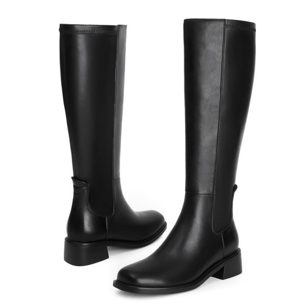 Knee High Boots Women Faux Leather Elastic Boots Low Heel Square Toe Side Zipper Fall Long Tall Boots for Women