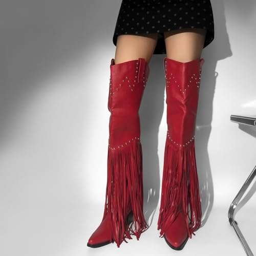 Fringe Thigh High Boots with Tassels Western Cowboy Boots Zip Up Wide Calf Sock Booties
