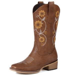 Cowboy Boots for Women - Mid Calf Western Sunflower Cowgirl Boots with Floral Embroidery, Square Toe Stitched Pull On Retro