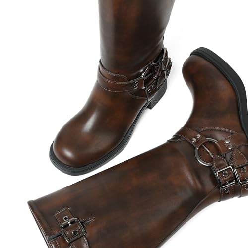 Knee High Boots Women Square Toe Pull On Wide Calf Riding Fashion Buckles Chunky Metallic Casual Vintage Buckle Rivet