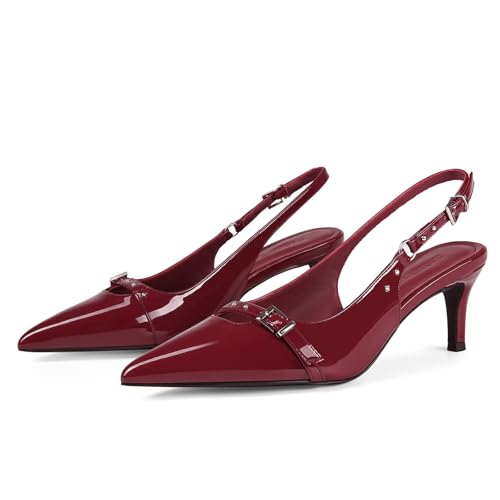 Womens Slingback Heels Pointed Toe Slip On Pumps Closed Toe Kitten Heel Heeled Sandals Patent Leather Dress Shoes for Women