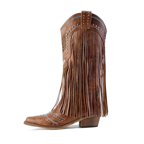 Fringe Cowboy Boots for Women Wide Calf Embroidered Tassal Cowgirl Boot Knee High Snip Toe Pull On Western Shoes