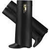 Fold Over Boots for Women Pointy Pull-on Wedge Heel Knee Shark Boot With Side Zipper Padlock Design