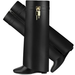 Fold Over Boots for Women Pointy Pull-on Wedge Heel Knee Shark Boot With Side Zipper Padlock Design