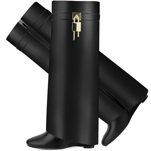 Fold Over Boots for Women Pointy Pull-on Wedge Heel Knee Shark Boot With Side Zipper Padlock Design