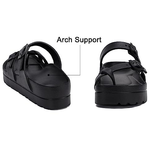Womens Arch Support Platform Sandals Comfort Slides Thick Soles Flat Sandals With Adjustable Buckle & Ultra Cushion
