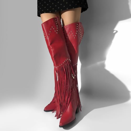 Fringe Thigh High Boots with Tassels Western Cowboy Boots Zip Up Wide Calf Sock Booties