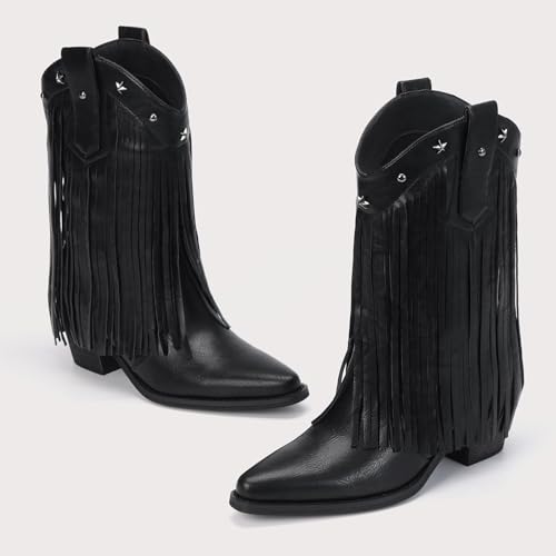 Fringe Cowboy Boots for Women – Mid Calf Cowgirl Boots with Star Studded, Pointed Toe and Chunky Heel, Perfect for Country Music