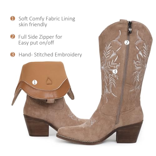 Cowboy Boots for Women Classic Embroidered Pointy Toe Cowgirl Boot, Western Mid Calf Side Zipper Chunky Heel Cowgirl Boots