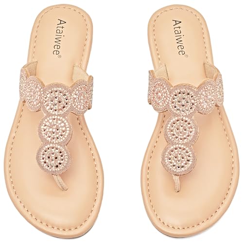 Women's Flat Slide Sandals - Casual Bling Bohemian Thong Slip on Summer Flat Sandals.