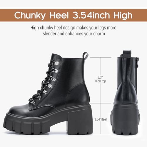 Women’s Combat Boots Lightweight Lace up Side Zipper Ankle Botas High Heel Chunky Platform Lug Sole Booties Size 6-11