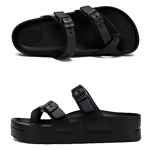 Womens Arch Support Platform Sandals Comfort Slides Thick Soles Flat Sandals With Adjustable Buckle & Ultra Cushion