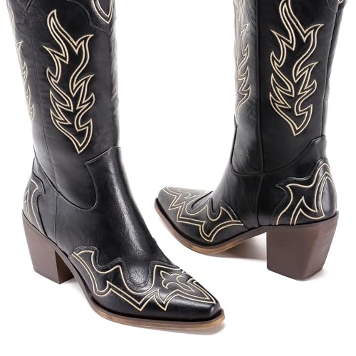 Womens Wide Calf Cowboy Boots Classic Western-Style Cowboys Boots for Women Pointed Toe Womens Cowgirl Boots with Chunky Heel