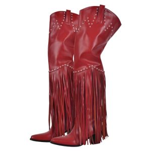 Fringe Thigh High Boots with Tassels Western Cowboy Boots Zip Up Wide Calf Sock Booties