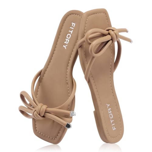 Women's Flat Sandals Square Open Toe Thong with Cute Knot for Summer Size 6-11